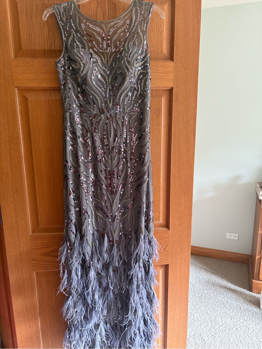 Aidan Mattox Slate Gray Sequin & Feather Maxi Dress